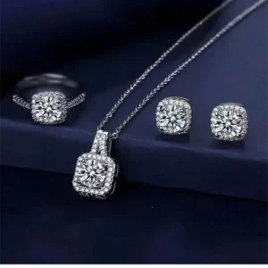diamond and zircon jewelry set with necklace, earrings, and ring
