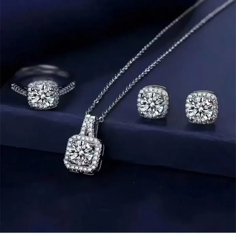 diamond and zircon jewelry set with necklace, earrings, and ring