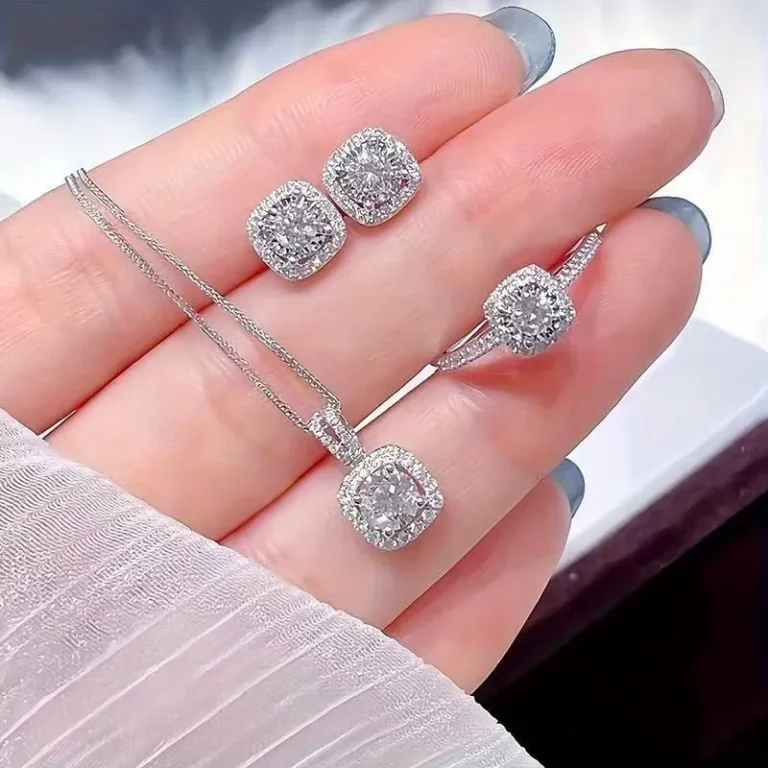 diamond and zircon jewelry set with necklace, earrings, and ring